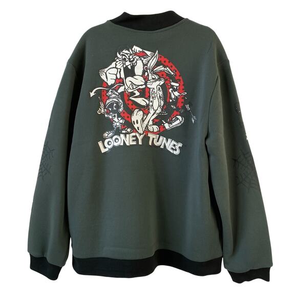 Warner Bros Y2K Looney Tunes Bomber Jacket Men XL Gray Cartoon Graphic Print NWT - Picture 3 of 9